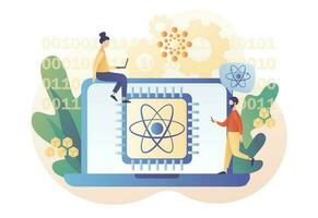 quantum Informática conceito. grande dados. ótico tecnologia, fotônica pesquisar. minúsculo pessoas engenheiros e cientistas trabalhando com quantum computador lasca. moderno plano desenho animado estilo. vetor ilustração