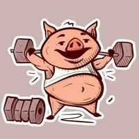 digital arte do uma desenho animado porco elevação pesos e fazendo exercícios. ginástica leitão fisiculturista com halteres trabalhando Fora para perder corpo gordo vetor