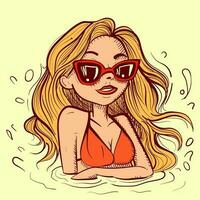 ilustração do uma Loiras menina wirh uma vermelho maiô sentado dentro uma água piscina em período de férias. vetor do uma mulher com oculos de sol relaxante e natação