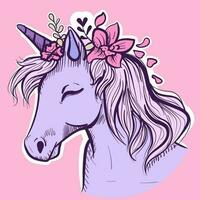 digital arte do a unicórnio cabeça com floral decorações por aí dele cabelo. vetor do uma cavalo com uma chifre e flores