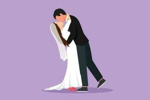 personagem plano desenhando amoroso casado casal se beijando e abraçando. fofa jovem romântico casal amantes se beijando. feliz homem e lindo mulher preparar para Casamento Festa. desenho animado Projeto vetor ilustração