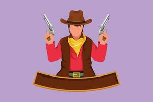 personagem plano desenhando do estilizado americano cowboys segurando e elevado dele dois armas acima. velho selvagem oeste pistoleiro segurando dois armas. vintage armas para auto defesa. desenho animado Projeto vetor ilustração