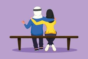 personagem plano desenhando costas Visão romântico árabe casal conversando e abraçando enquanto sentado em banco. feliz casal obtendo pronto para casamento. noivado, amor relação. desenho animado Projeto vetor ilustração