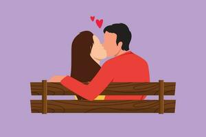 gráfico plano Projeto desenhando costas Visão do romântico casal doce se beijando sentado em Banco às parque dentro lindo cenário. feliz cara e bonita menina relação dentro amar. desenho animado estilo vetor ilustração