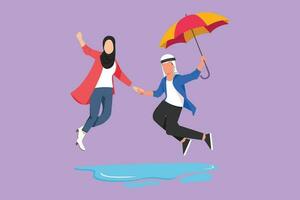 gráfico plano Projeto desenhando árabe casal dentro amor caminhando debaixo chuva com guarda-chuva. homem e mulher caminhando e pulando em rua. casado casal romântico relação. desenho animado estilo vetor ilustração