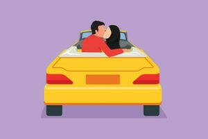 personagem plano desenhando costas Visão do dois romântico amantes sentado dentro vintage carro. feliz árabe homem e mulher abraçando e se beijando cada de outros e a comemorar aniversário. desenho animado Projeto vetor ilustração