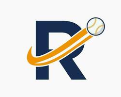 conceito de logotipo de beisebol de letra inicial r com modelo de vetor de ícone de beisebol em movimento