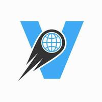 carta v logotipo conceito com global mundo ícone vetor modelo