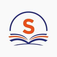 conceito de livro de logotipo de educação de carta s. sinal de carreira de treinamento, universidade, design de modelo de logotipo de formatura da academia vetor