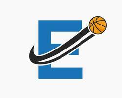 inicial carta e basquetebol logotipo conceito com comovente basquetebol ícone. cesta bola logótipo símbolo vetor