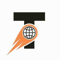 carta t logotipo conceito com global mundo ícone vetor modelo