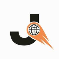 carta j logotipo conceito com global mundo ícone vetor modelo
