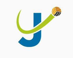 carta j voleibol logotipo conceito com comovente voleio bola ícone. voleibol Esportes logótipo modelo vetor