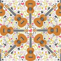 ukulele desatado padrão, ukulele. padronizar com monstro, folhas, flores, notas, inscrições vetor