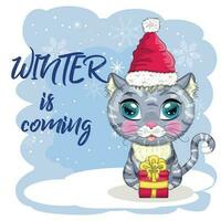 gato bonito dos desenhos animados em um chapéu de Papai Noel em um fundo de neve. inverno 2023, natal e ano novo chinês. vetor