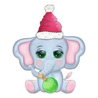 fofa desenho animado elefante, infantil personagem com lindo olhos vestindo santa chapéu, lenço, segurando presente, Natal bola vetor