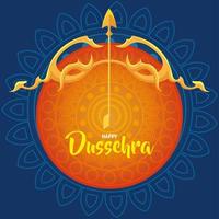 feliz dussehra festival com arco dourado e flecha em fundo laranja e azul vetor