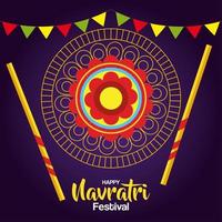 pôster de celebração navratri feliz com moldura circular dourada e decoração vetor