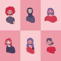 conjunto do avatares ícones do mulheres rostos. diversidade personagens para social meios de comunicação, do utilizador perfil, aplicativo projeto, sites. desenho animado vetor ilustração do homens e mulheres.