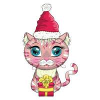 gato bonito dos desenhos animados no chapéu de Papai Noel com presente, bola de natal, kane de doces. inverno 2023, natal e novo chinês vetor