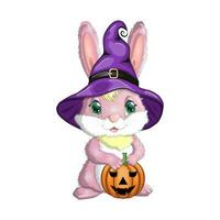 coelhinha com chapéu de bruxa com abóbora, vassoura, poção. feliz conceito de festival de halloween. personagem de mascote de lebre ano 2023 vetor