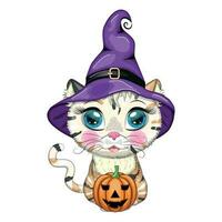 gato de desenho animado com chapéu de bruxa roxo com vassoura, abóbora, poção. personagem de halloween, pôster. símbolo de 2023 vetor