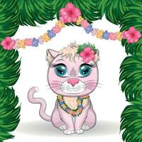 gato de desenho animado vestido como dançarino de hula sob o ukulele, havaí. férias de verão. personagem de criança fofa, símbolo de 2023 vetor