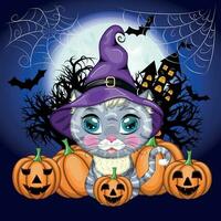 gato de desenho animado com chapéu de bruxa roxo com vassoura, abóbora, poção. personagem de halloween, pôster. símbolo de 2023 vetor