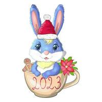 um coelho bonito dos desenhos animados com um chapéu de papai noel senta-se em um copo com biscoitos e poinsétia. inverno 2023, natal e ano novo vetor