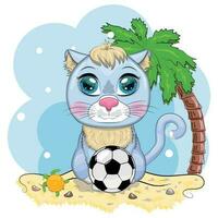 gato de desenho animado com uma bola de futebol. férias de verão. personagem de criança fofa, símbolo do novo ano chinês de 2023 vetor