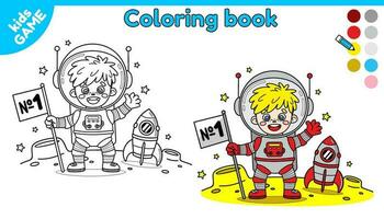 página do coloração livro para crianças. cor desenho animado astronauta com nave espacial em a lua. esboço cosmonauta dentro espaço. atividade para Jardim da infância e pré escola crianças. isolado vetor Preto e branco Projeto