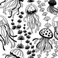 vetor desatado Preto e branco padronizar com mar medusa e algas marinhas. Projeto em marinho tema. perfeito para papel de parede, tecido, têxtil, invólucro papel e outro.