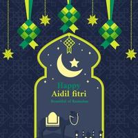 feliz aidil fitri com ketupat como decoração vetor