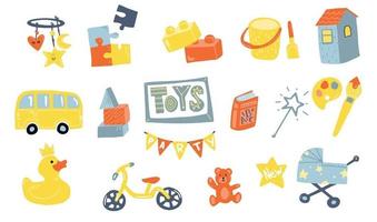 brinquedos doodle ícones em estilo simples ícones de brinquedos para bebês e crianças para loja de bebês tipo de brinquedos design plano vetor