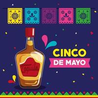 pôster cinco de mayo com garrafa de tequila e decoração vetor