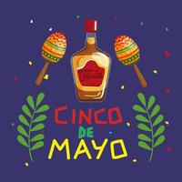 pôster cinco de mayo com garrafa de tequila e decoração vetor