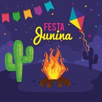 pôster festa junina com fogueira e ícones tradicionais vetor