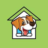 cão fofo desenho animado com a cabeça e a língua de fora, fique dentro da mascote da casa no telhado verde vetor