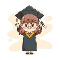 feliz graduação fofa menina vestindo óculos com boné e vestido fofa kawaii chibi desenho animado vetor