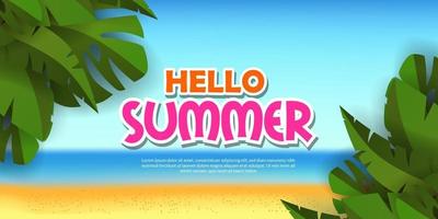 Olá cartaz de banner de verão com ilustração de praia tropical com folhas verdes tropicais vetor