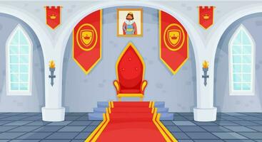 castelo trono sala, real Palácio interior, medieval salão de baile. desenho animado conto de fadas reino corredor com rei tronos cadeira, bandeiras vetor ilustração