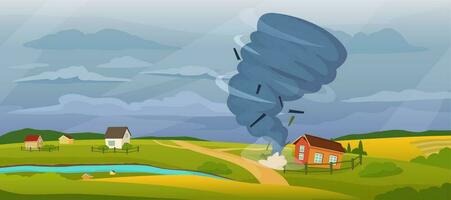 desenho animado rural panorama com tornado, furacão tempestade destruindo casas. turbilhão, tormentoso clima, natural desastre vetor ilustração