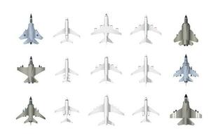 Civil e militares aeronave topo visualizar. desenho animado jato lutadores e Civil aviação carga e passageiro aviões, monoplanos e biplanos topo Visão do avião modelos. vetor conjunto