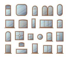 janela quadros. desenho animado de madeira casa e escritório volta e quadrado moderno janela coleção com transparente vidro. vetor isolado conjunto