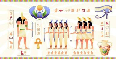 egípcio fresco. antigo Egito mural com hieróglifos e mitologia cenas desenho animado faraó isis anubis osiris personagens. vetor ilustração