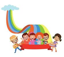 crianças jogando em uma arco-íris. vetor ilustração dentro plano desenho animado estilo.