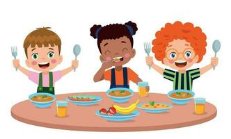 Garoto e meninas comendo às a jantar mesa vetor