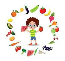 lindos filhos comendo frutas variadas vetor