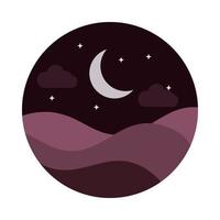 paisagem natureza colinas estrelas de meia lua noite ícone de estilo plano vetor