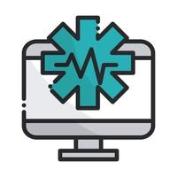 linha médica de equipamentos de saúde digital computador e ícone de preenchimento vetor